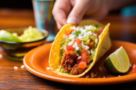 hand holding a taco filled with chorizo in front of a salsa bottle, created with generative aiの素材