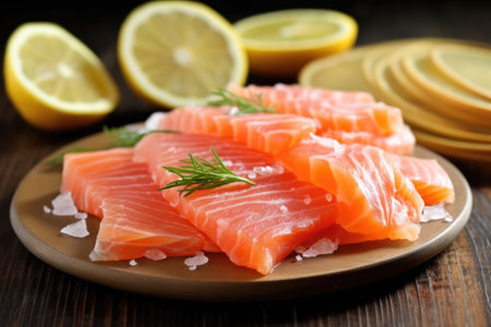 zested citrus rind on marinated salmon fillets, created with generative aiの素材