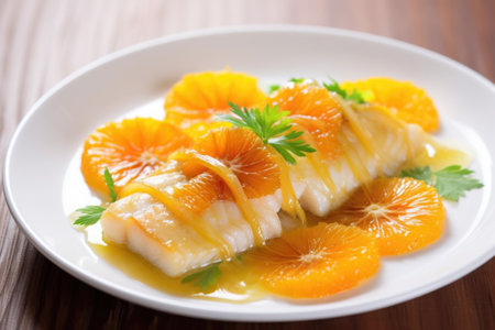 close up of fish fillet glazed with tangerine sauce, created with generative aiの素材