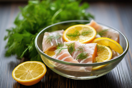 close-up of fish fillets in a bowl with citrus slices and herbs, created with generative aiの素材