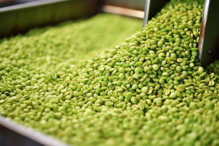 close-up of green coffee beans in a hopper, created with generative aiの素材