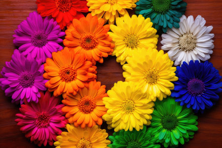 bright flowers organized into a color wheel formation, created with generative aiの素材