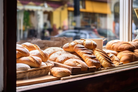 freshly baked bread in a local bakery window, created with generative aiの素材