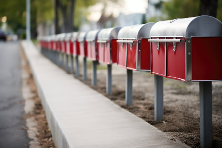 single red mailbox among a row of silver mailboxes, created with generative aiの素材