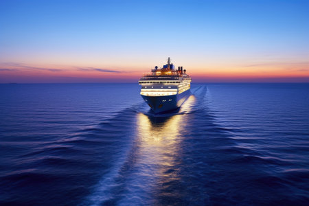 illuminated cruise ship cruising the open sea at twilight, created with generative aiの素材