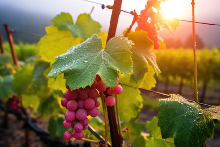 morning dewy vineyard shot with grapes ready for harvest, created with generative aiの素材