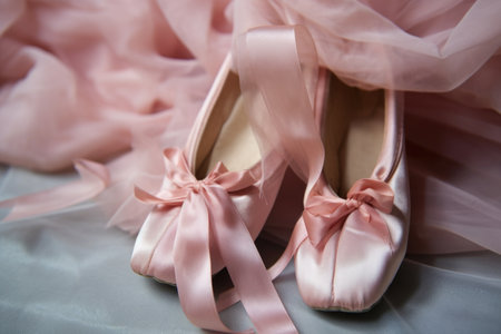 close-up of ballet pointe shoes with worn satin, created with generative aiの素材