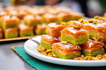 a traditional baklava dessert on the table at a turkish festival, created with generative aiの素材