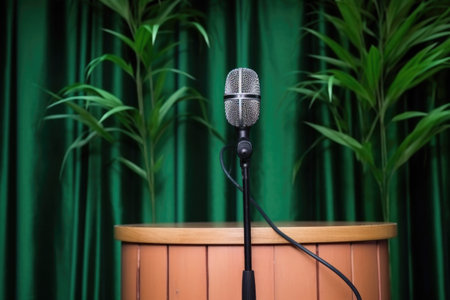 microphone with a bamboo podium against a green wall, created with generative aiの素材