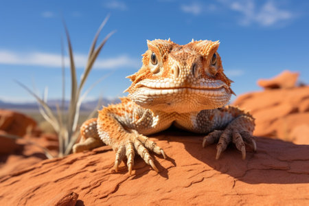 bearded dragon nestled among desert rocks, created with generative aiの素材