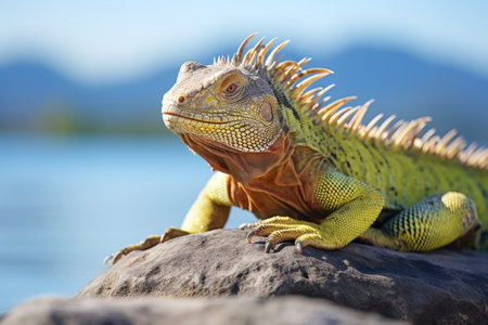 iguana basking on a rock in sunlight, created with generative aiの素材
