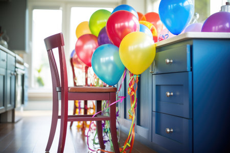 colorful birthday balloons tied to a kitchen chair, created with generative aiの素材