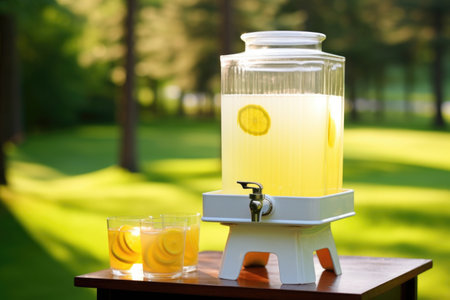 homemade lemonade in a glass dispenser on grass, created with generative aiの素材