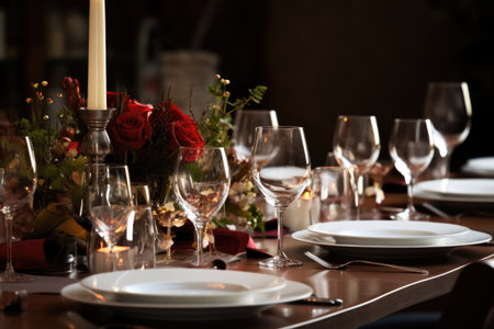 a fully set dinner table with fancy cutlery and plates, created with generative aiの素材
