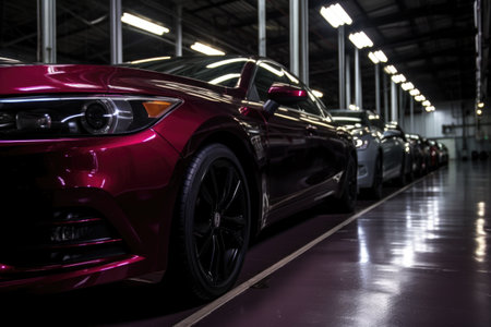 a shiny raspberry-colored car among sleek black cars, created with generative aiの素材