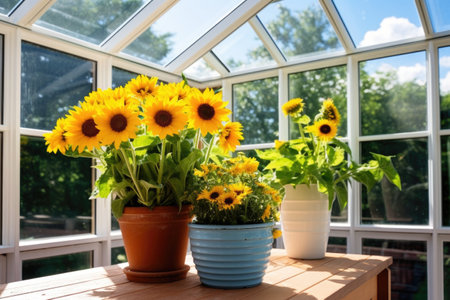 potted sunflowers in a backyard sunroom with blue sky outside, created with generative aiの素材