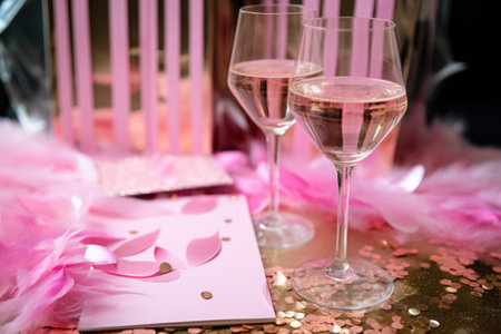 hen party invitations with pink feathers and champagne glass details, created with generative aiの素材