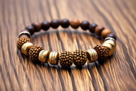an in-progress bracelet on a wooden table, created with generative aiの素材