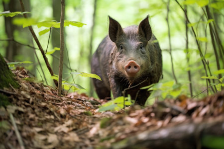 a wild boar rummaging through a forest, created with generative aiの素材