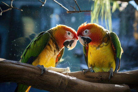 two parrots, one playing with a shiny object and the other observing, created with generative aiの素材
