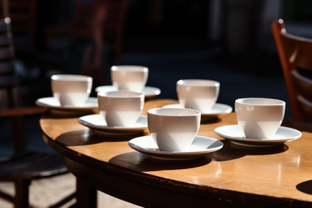 empty coffee cups on a bistro table, created with generative aiの素材