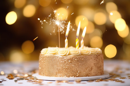close-up of a golden anniversary cake with sparkling candles, created with generative aiの素材