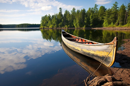 native canoe docked on the serene lake shore, created with generative aiの素材