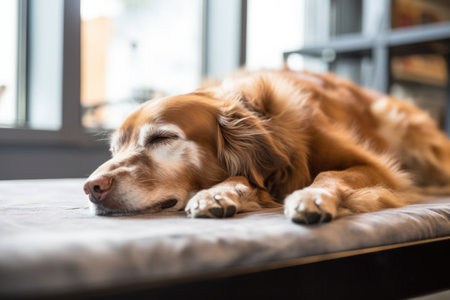 aged dog sleeping on orthopedic pet bed, created with generative aiの素材