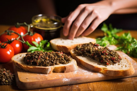 hand spreading tapenade on freshly baked bread, created with generative aiの素材