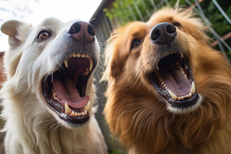 close up of two dogs barking loudly face to face, created with generative aiの素材