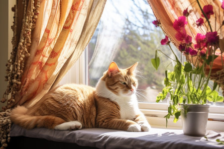 cat lounging near open window, spring breeze rustling curtains, created with generative aiの素材