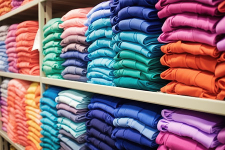 neat stacks of swim caps on a shelf, created with generative aiの素材