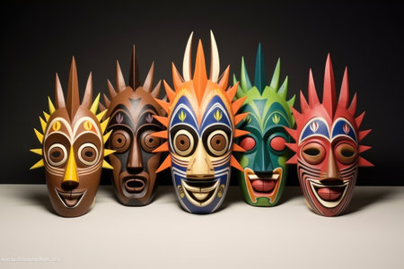 colorful tribal masks on a neutral background, created with generative aiの素材