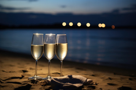 moonlit beach with a pair of champagne glasses, created with generative aiの素材