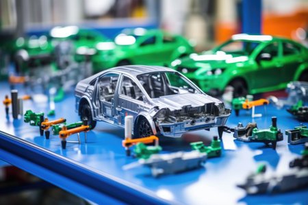 toy car assembly line with individual parts, created with generative aiの素材