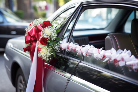 a fancy decorated wedding car with flowers and ribbons, created with generative aiの素材