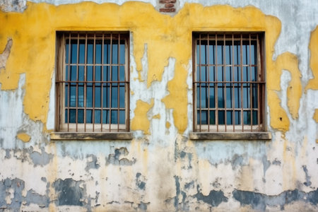 jailhouse exterior with worn window bars, created with generative aiの素材