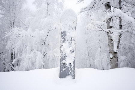snowboard standing upright in fresh snowfall, created with generative aiの素材