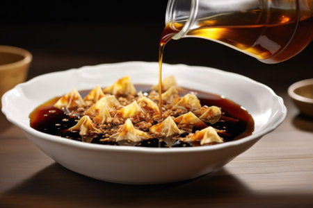drizzling soy sauce into a bowl of fresh wonton soup, created with generative aiの素材