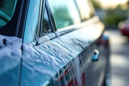 a clean car with soap bubbles on the exterior, created with generative aiの素材