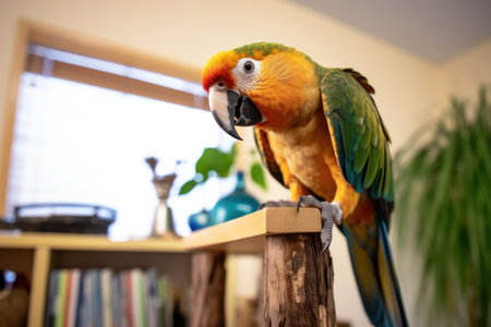parrot perched on wooden stand in living room, created with generative aiの素材