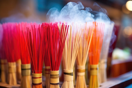 fresh incense sticks on a bamboo stick rack, created with generative aiの素材