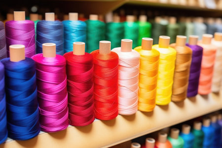 spools of colorful bookbinding thread in a crafting facility, created with generative aiの素材