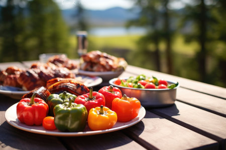 bbq stuffed bell peppers on a picnic table, created with generative aiの素材