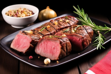 roasted beef garnished with crispy garlic slices and fresh rosemary, created with generative aiの素材