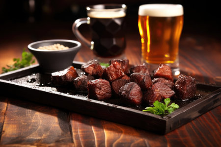 dark stout paired with burnt ends on a slate board, created with generative aiの素材