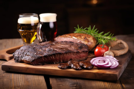 stout beer with bbq brisket on a wooden board, created with generative aiの素材