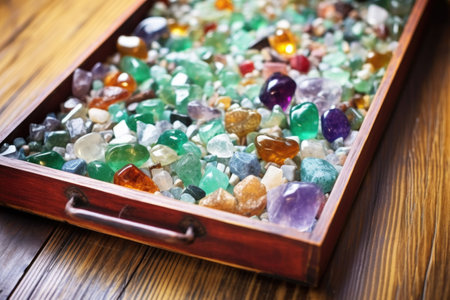 a stone sorting tray containing a variety of raw birthstones, created with generative aiの素材