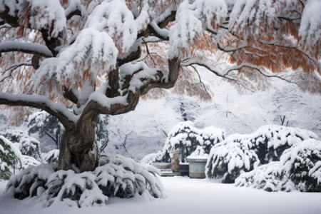 bonsai tree branches covered in snow, created with generative aiの素材