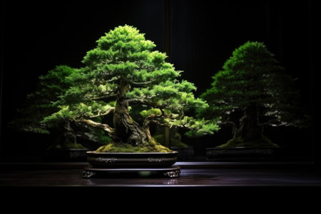 bonsai under spotlights in dark room, created with generative aiの素材